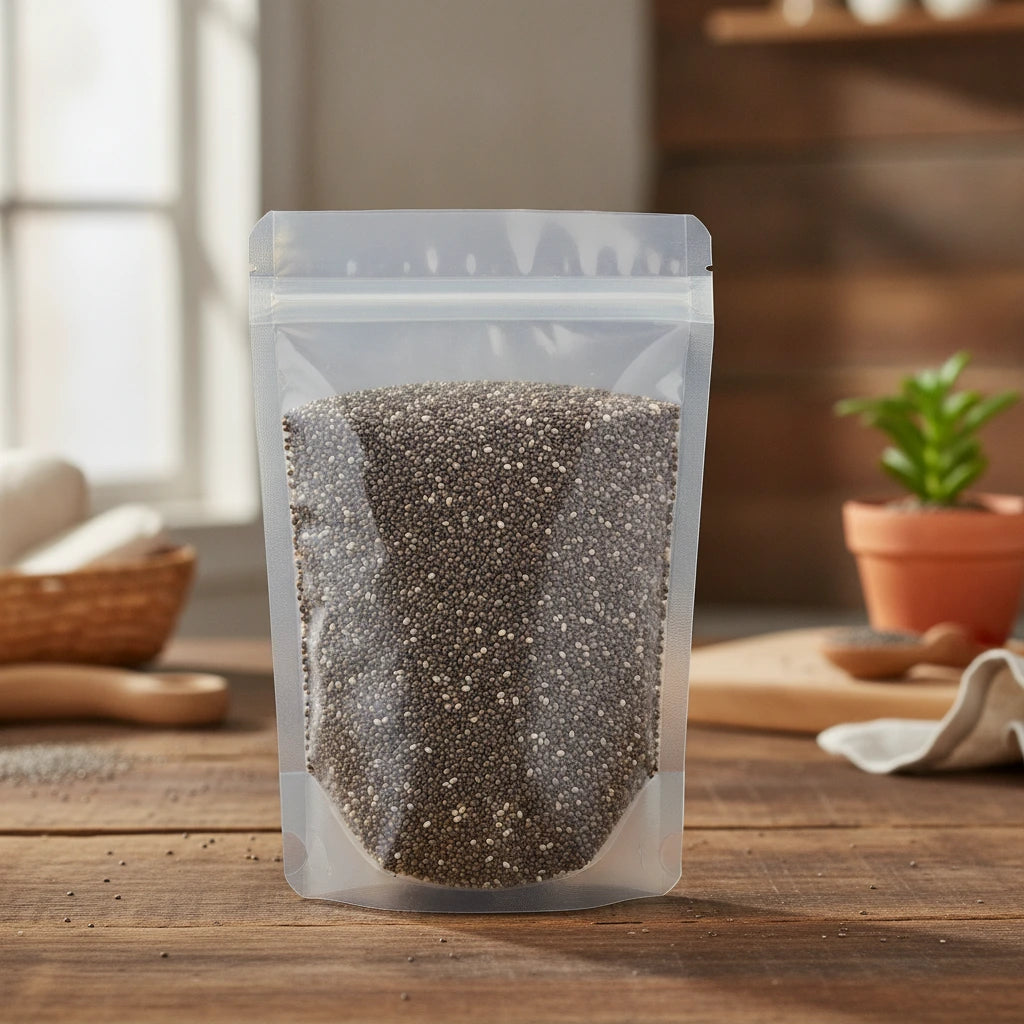 Chia Seed Whole (Salvia Hispanica) | The herb/berry/powder/fruit/root/bark/seeds that is in the black bowl, i would like it to shown in a plastic stand up resalable pouch that is clear.