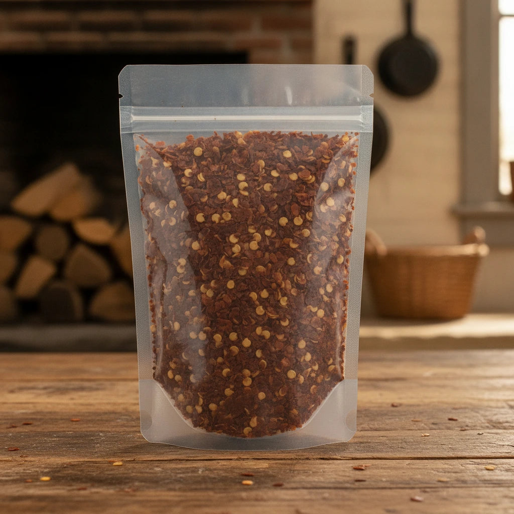 Chili Peppers Crushed (Capsicum Annuum) | The herb/berry/powder/fruit/root/bark that is in the black bowl, i would like it to shown in a plastic stand up resalable pouch that is clear.