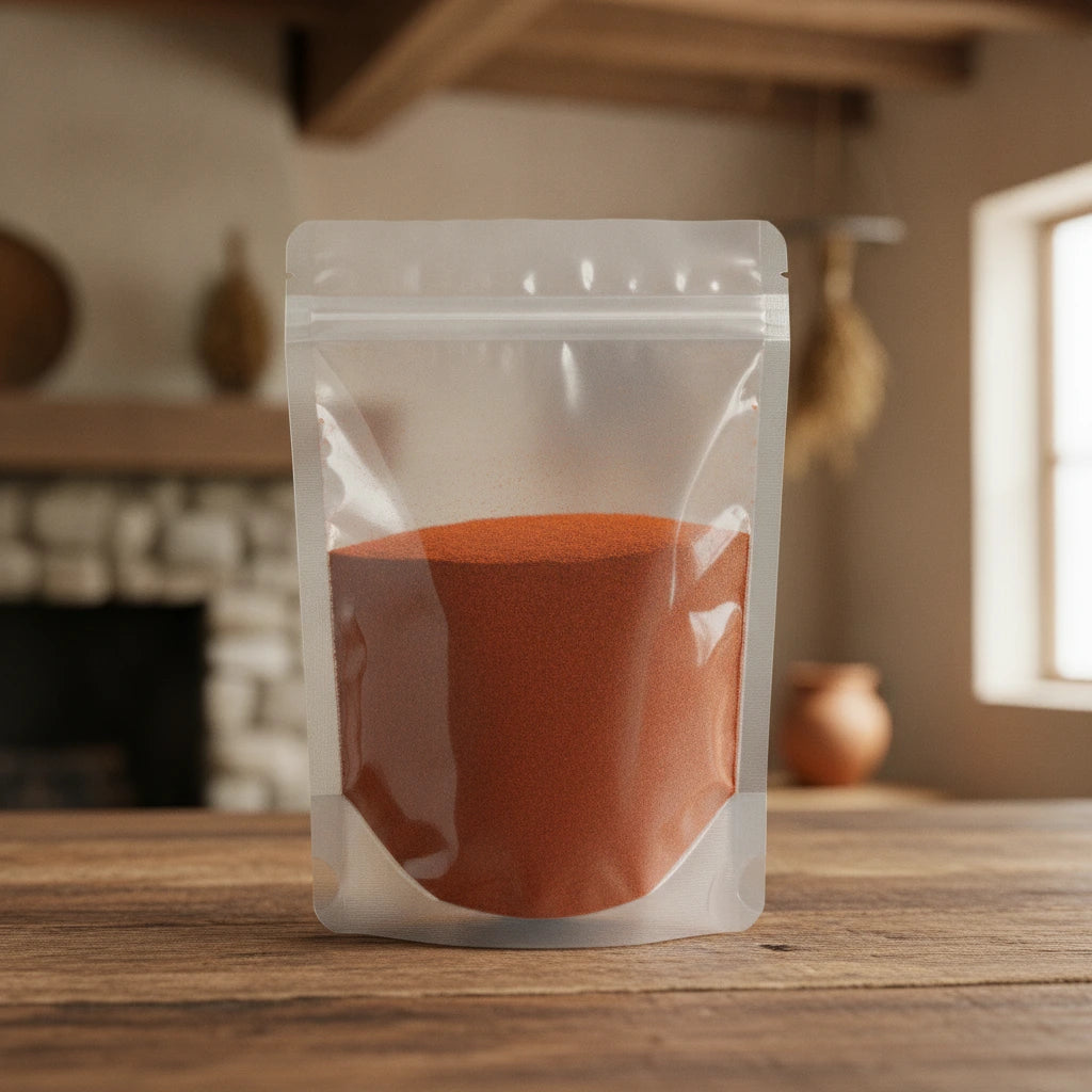 Chili Spice Blend Powder | The herb/berry/powder/fruit/root/bark that is in the black bowl, i would like it to shown in a plastic stand up resalable pouch that is clear.