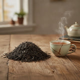 China Black Tea (Camellia Sinensis) | Can you show this tea outside of the bag and bowl, on a table next to a hot tea cup in a rustic home.