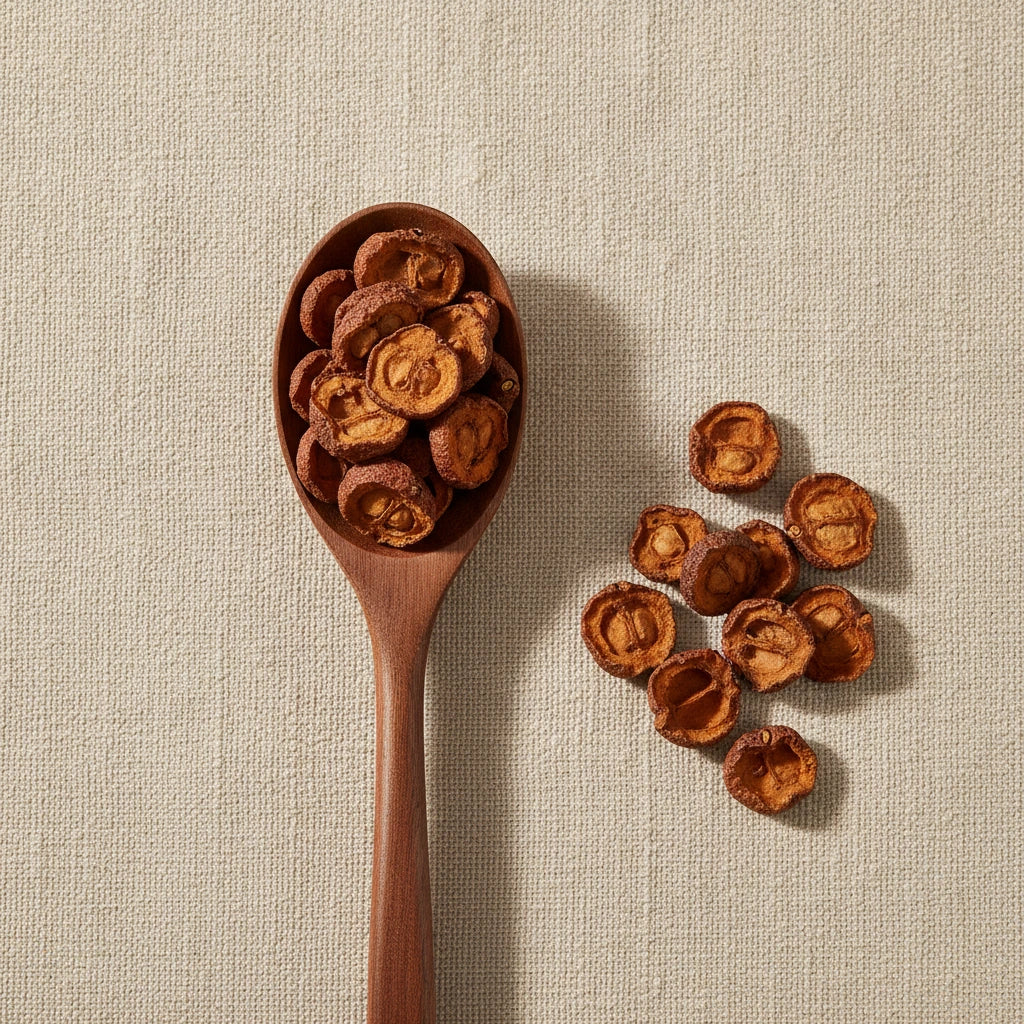 Chinese Hawthorn Berry Whole (Crataegus Pinnatifida) | Create a luxurious, photorealistic product photograph featuring the original product naturally arranged in an elegant handcrafted wooden spoon on a soft, finely