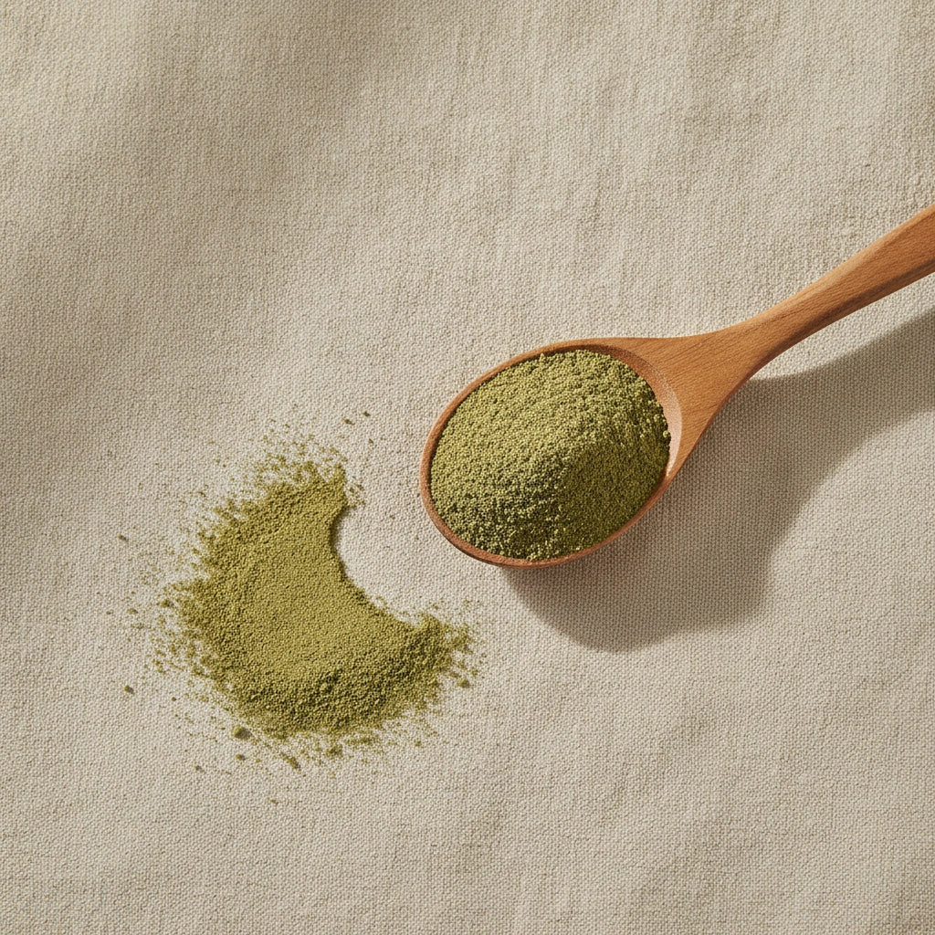 Chinese Mugwort Leaf Powder (Artemisia Argyi) | Create a luxurious, photorealistic product photograph featuring the original product naturally arranged in an elegant handcrafted wooden spoon on a soft, finely
