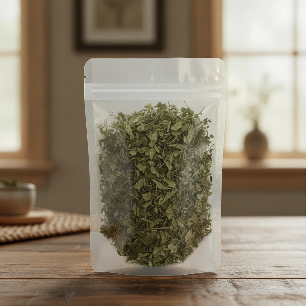 Chinese Plantain Herb Cut (Plantago Asiatica) | The herb/berry/powder/fruit/root/bark that is in the black bowl, i would like it to shown in a plastic stand up resalable pouch that is clear.