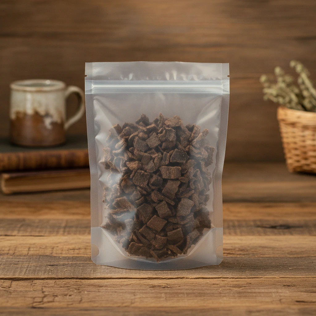 Chinese Redbud Bark Pieces (Cercis Chinensis) | The herb/berry/powder/fruit/root/bark that is in the black bowl, i would like it to shown in a plastic stand up resalable pouch that is clear.