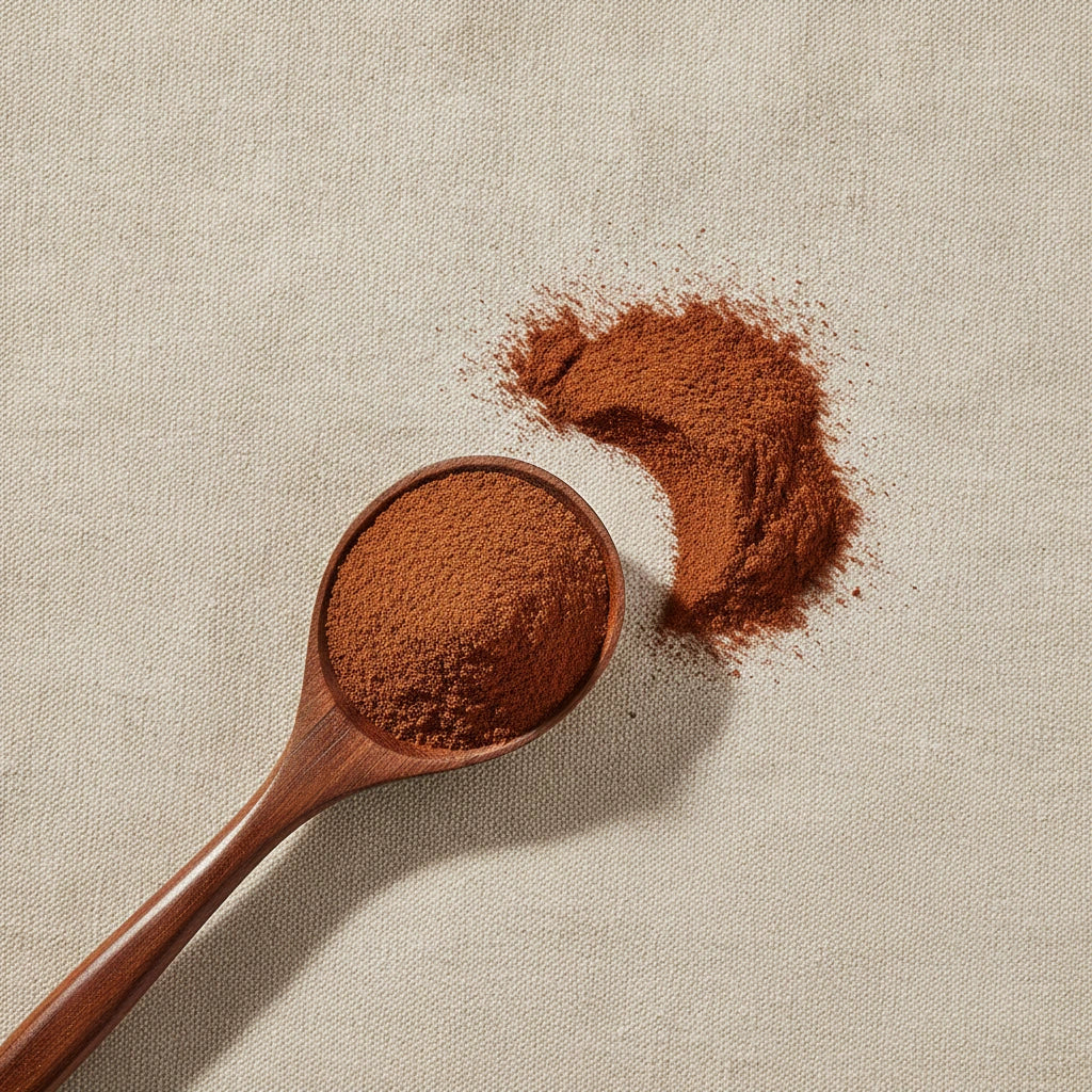 Chinese Salvia Root Powder (Salvia Miltiorrhiza) | Create a luxurious, photorealistic product photograph featuring the original product naturally arranged in an elegant handcrafted wooden spoon on a soft, finely