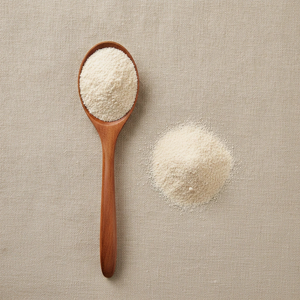 Chinese Yam Powder (Dioscorea Opposita) | Create a luxurious, photorealistic product photograph featuring the original product naturally arranged in an elegant handcrafted wooden spoon on a soft, finely