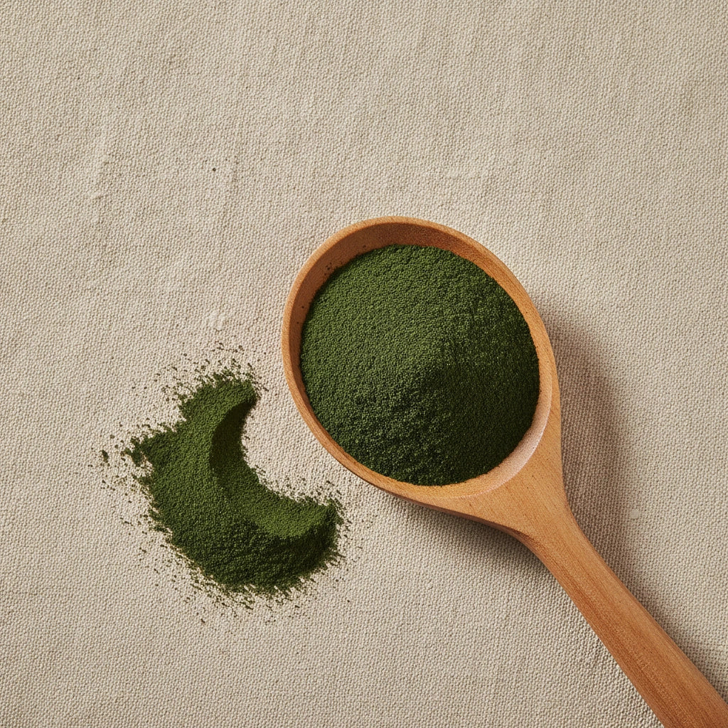 Chlorella Powder (Chlorella Pyrenoidosa) | Create a luxurious, photorealistic product photograph featuring the original product naturally arranged in an elegant handcrafted wooden spoon on a soft, finely