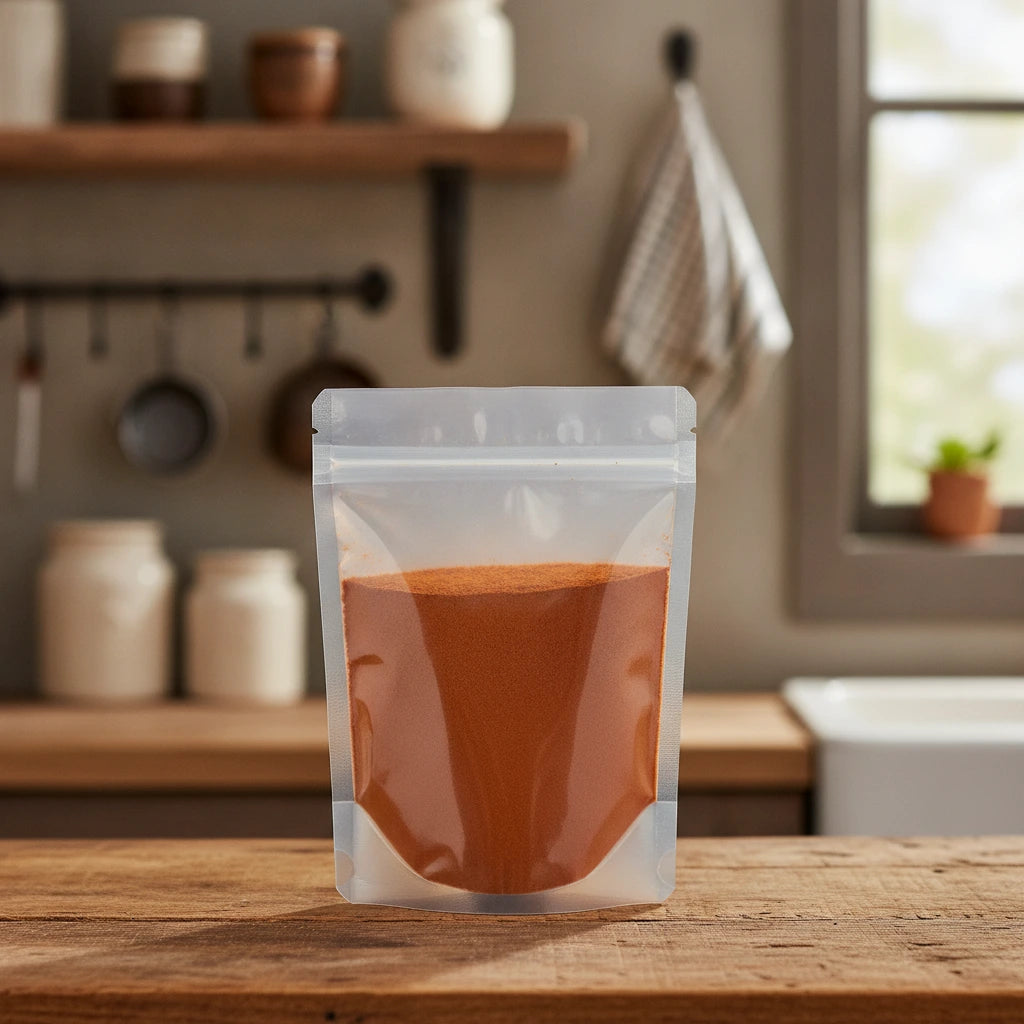 Chorizo Seasoning Blend | The herb/berry/powder/fruit/root/bark that is in the black bowl, i would like it to shown in a plastic stand up resalable pouch that is clear.