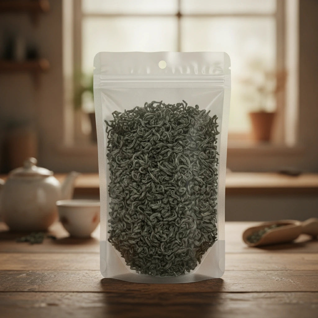 Chun Mei Green Tea (Camellia Sinensis) | The herb/powder/tea that is in the black bowl, i would like it to shown in a plastic stand up resalable bag that is clear.