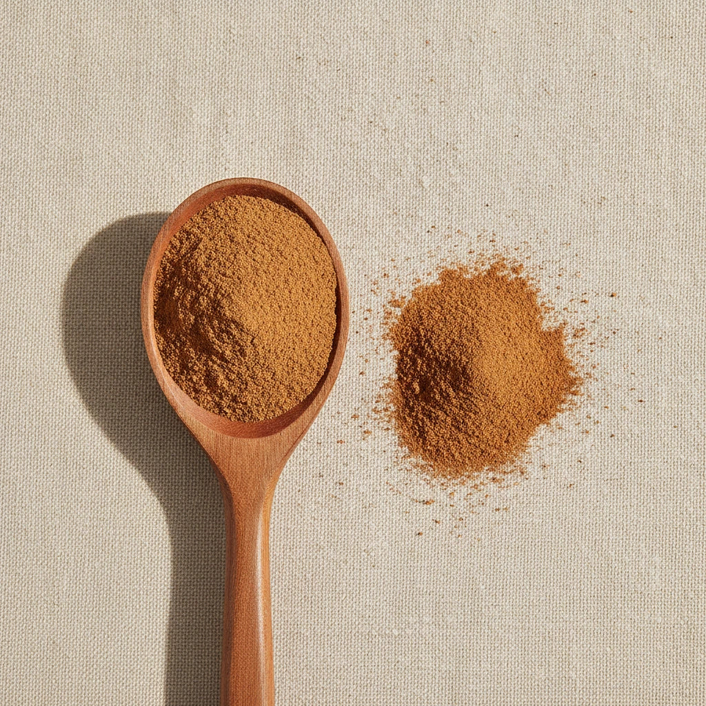Cinchona Bark Powder (Cinchona Officinalis) | Create a luxurious, photorealistic product photograph featuring the original product naturally arranged in an elegant handcrafted wooden spoon on a soft, finely