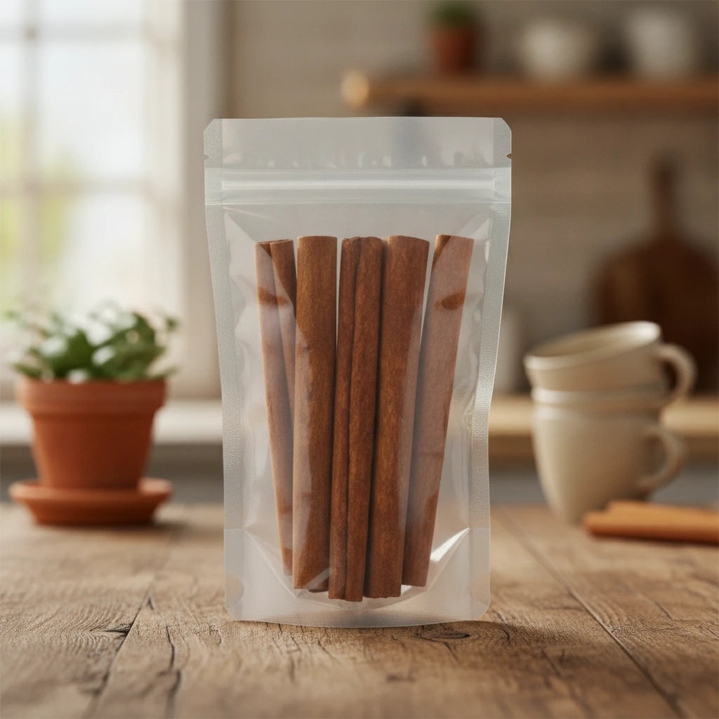 Cinnamon Sticks 10" (Cinnamomum Burmannii) | The herb/berry/powder/fruit/root/bark that is in the black bowl, i would like it to shown in a plastic stand up resalable pouch that is clear.