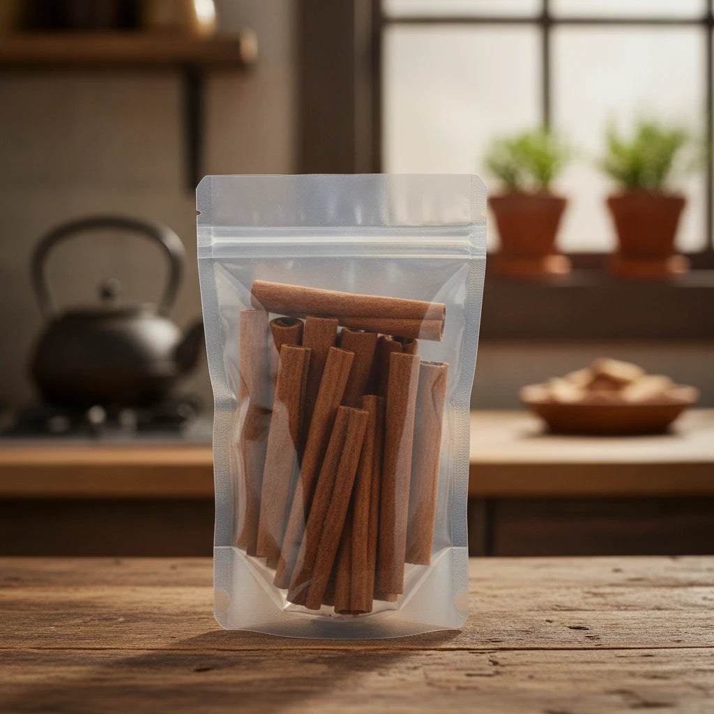 Cinnamon Sticks 2-3" (Cinnamomum Burmannii) | The herb/berry/powder/fruit/root/bark that is in the black bowl, i would like it to shown in a plastic stand up resalable pouch that is clear.