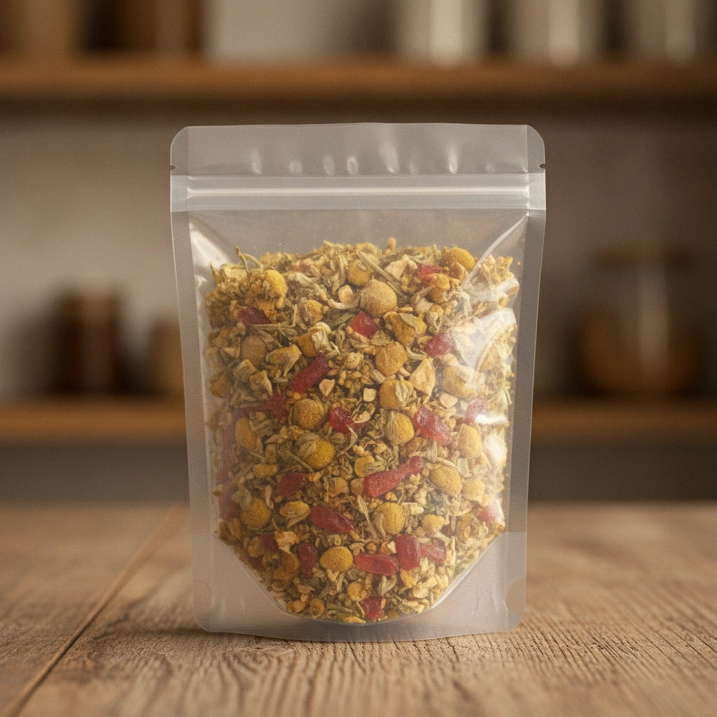 Citrus Chamomile Herbal Tea (Matricaria Recutita) | The herb/powder/tea that is in the black bowl, i would like it to shown in a plastic stand up resalable bag that is clear.