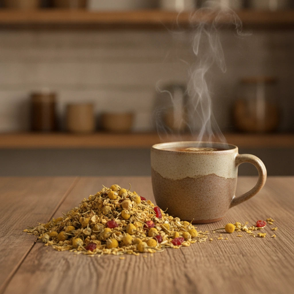 Citrus Chamomile Herbal Tea (Matricaria Recutita) | Can you show this tea outside of the bag and bowl, on a table next to a hot tea cup in a rustic home.