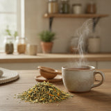 Cleanse and Clear Herbal Tea | Can you show this tea outside of the bag and bowl, on a table next to a hot tea cup in a rustic home.