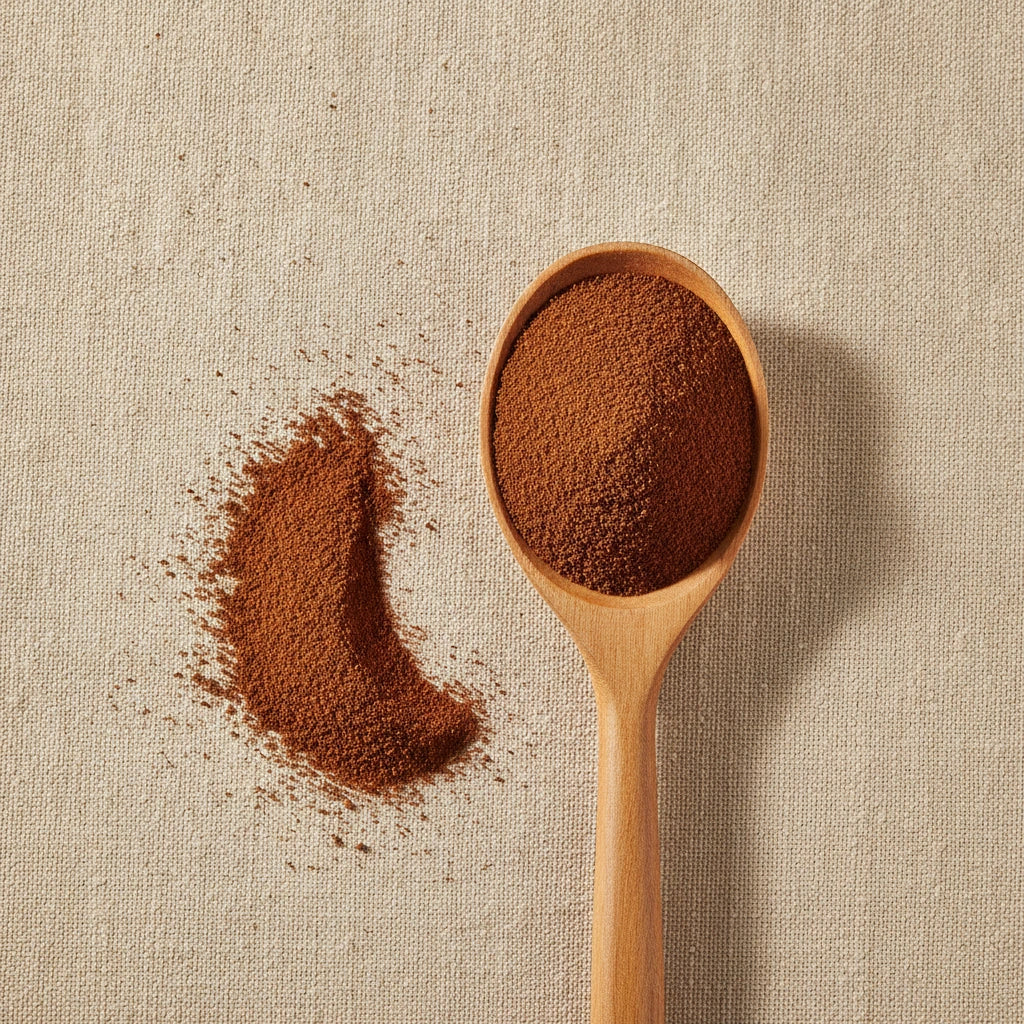 Cloves Powder (Syzygium Aromaticum) | Create a luxurious, photorealistic product photograph featuring the original product naturally arranged in an elegant handcrafted wooden spoon on a soft, finely
