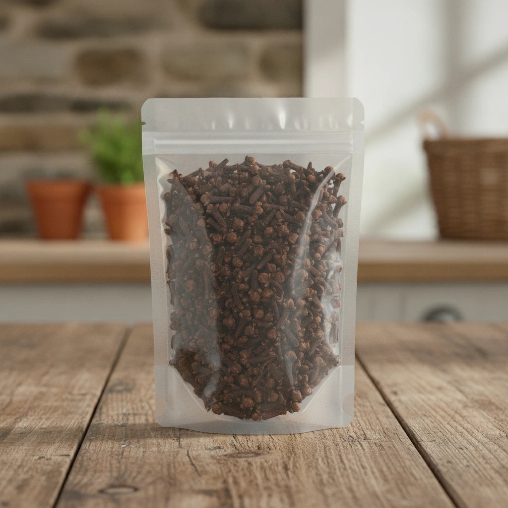 Cloves Whole (Syzygium Aromaticum) | The herb/berry/powder/fruit/root/bark that is in the black bowl, i would like it to shown in a plastic stand up resalable pouch that is clear.