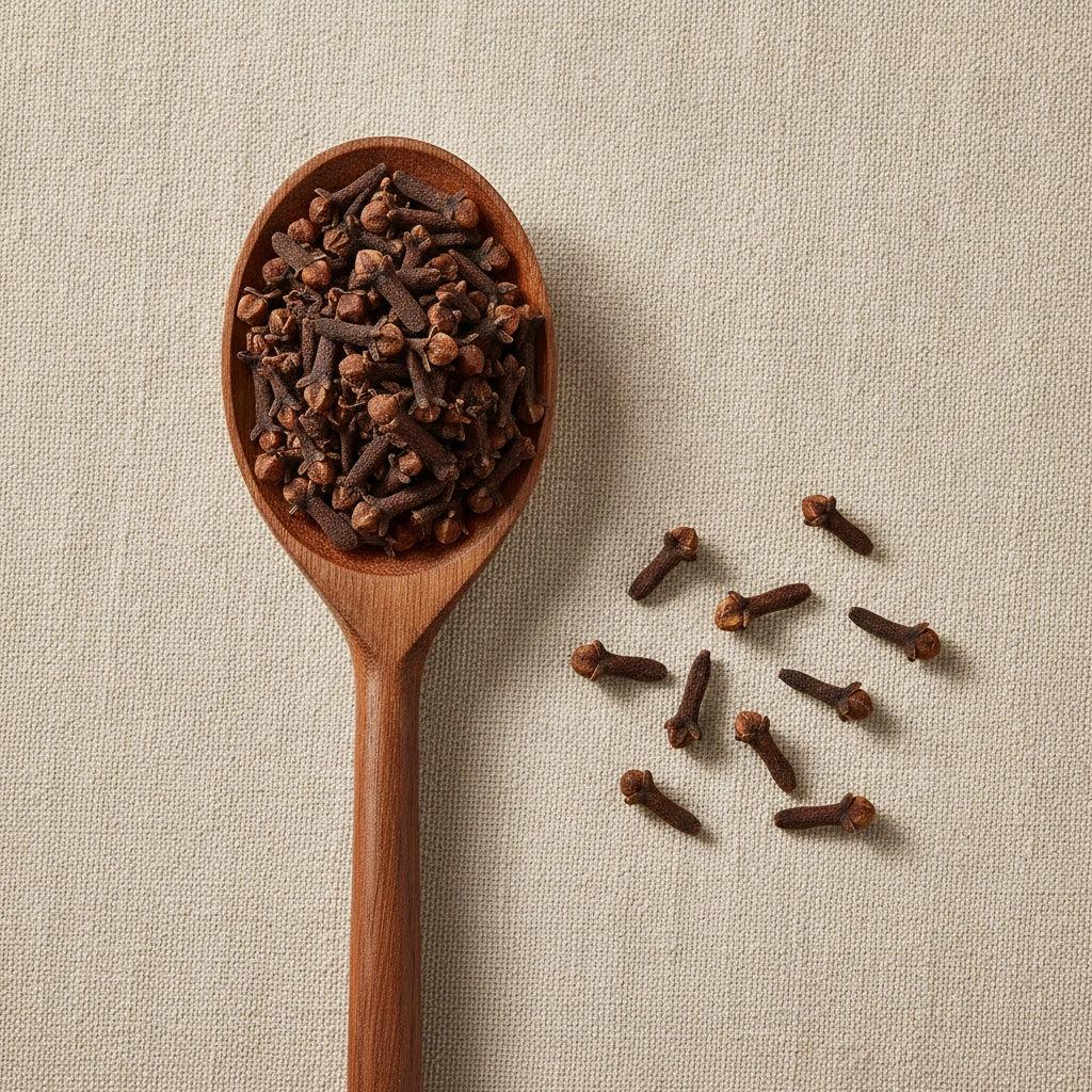 Cloves Whole (Syzygium Aromaticum) | Create a luxurious, photorealistic product photograph featuring the original product naturally arranged in an elegant handcrafted wooden spoon on a soft, finely