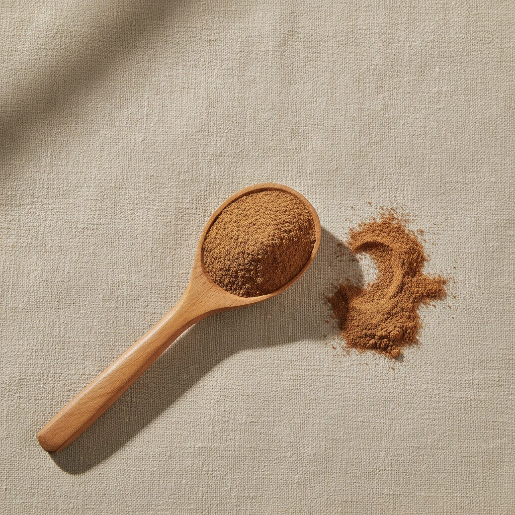 Cocolmeca Root Powder (Smilax Sp.) | Create a luxurious, photorealistic product photograph featuring the original product naturally arranged in an elegant handcrafted wooden spoon on a soft, finely