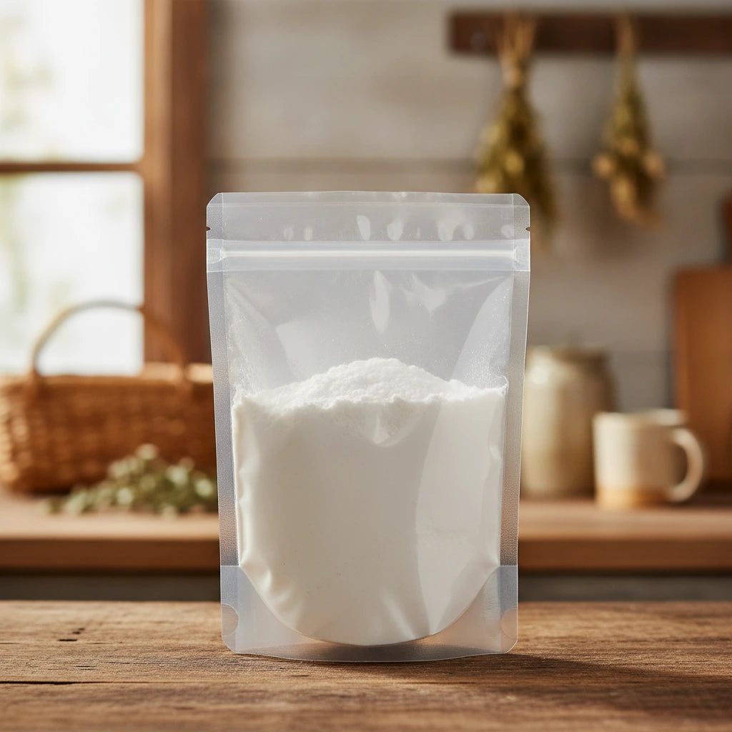Coconut Milk Powder | The herb/berry/powder/fruit/root/bark that is in the black bowl, i would like it to shown in a plastic stand up resalable pouch that is clear.