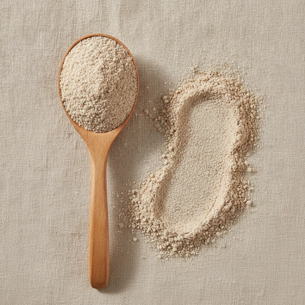 Coix Seed Powder (Coix Lacryma-Jobi Var. Ma-Yuen) | Create a luxurious, photorealistic product photograph featuring the original product naturally arranged in an elegant handcrafted wooden spoon on a soft, finely
