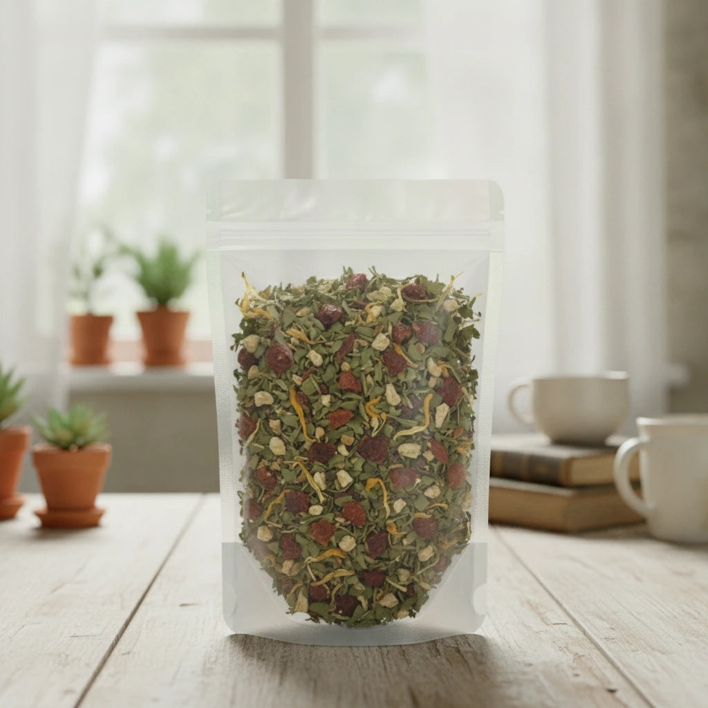 Cold and Flu Brew Herbal Tea (Mentha Piperita) | The herb/powder/tea that is in the black bowl, i would like it to shown in a plastic stand up resalable bag that is clear.