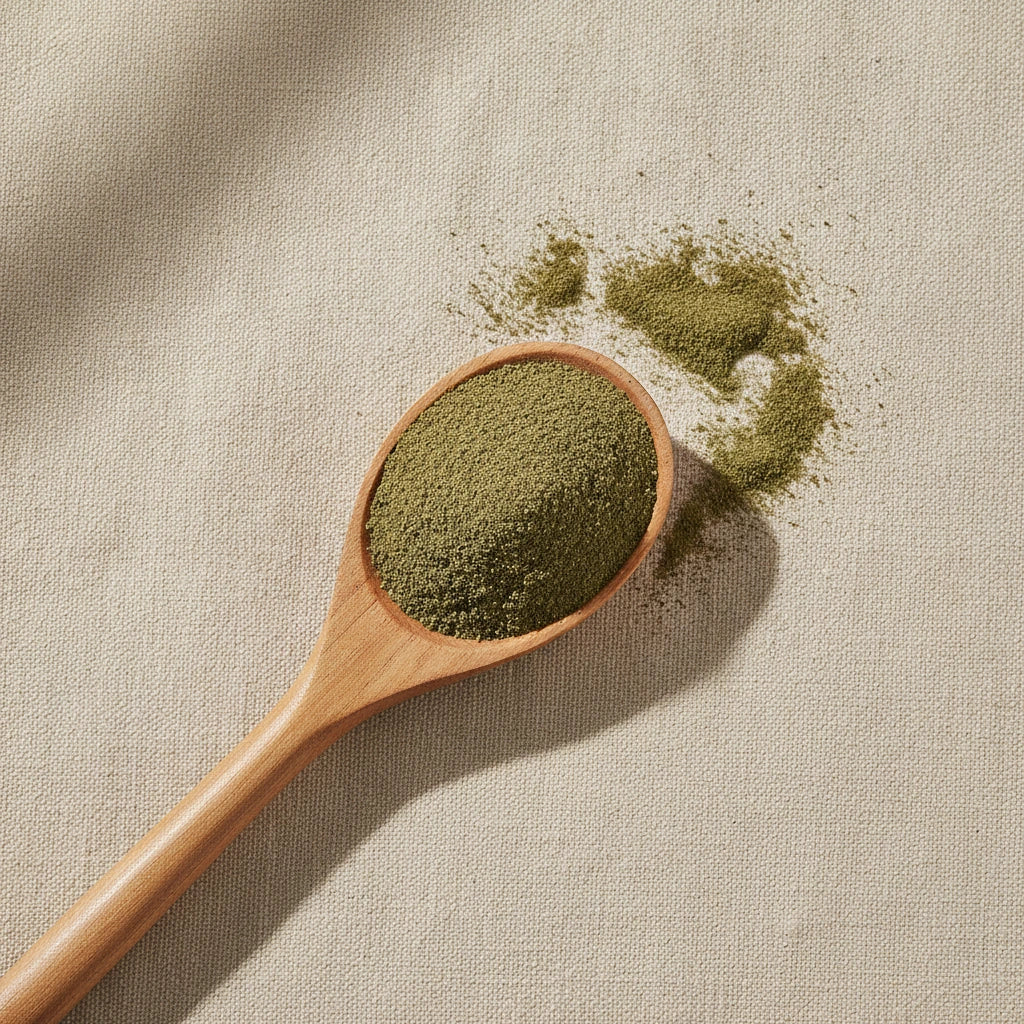 Comfrey Leaf Powder (Symphytum Officinale) | Create a luxurious, photorealistic product photograph featuring the original product naturally arranged in an elegant handcrafted wooden spoon on a soft, finely