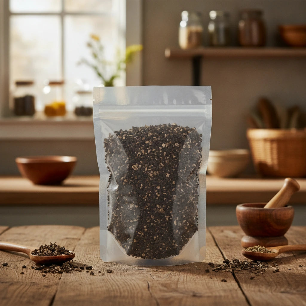 Comfrey Root Cut (Symphytum Officinale) | The herb/berry/powder/fruit/root/bark that is in the black bowl, i would like it to shown in a plastic stand up resalable pouch that is clear.