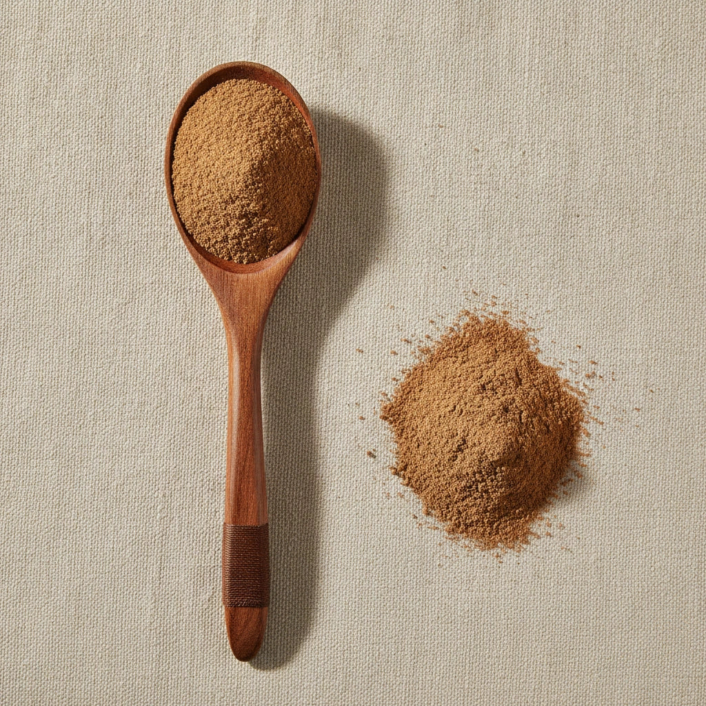 Comfrey Root Powder (Symphytum Officinale) | Create a luxurious, photorealistic product photograph featuring the original product naturally arranged in an elegant handcrafted wooden spoon on a soft, finely