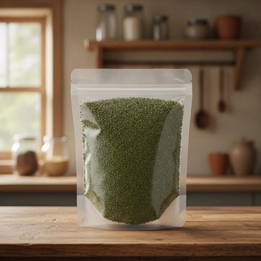 Common Duckweed (Spirodela Polyrhiza) | The herb/berry/powder/fruit/root/bark that is in the black bowl, i would like it to shown in a plastic stand up resalable pouch that is clear.