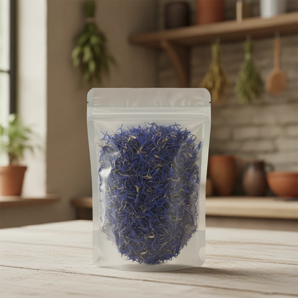 Cornflower Petals Whole (Centaurea Cyanus) | The herb/berry/powder/fruit/root/bark that is in the black bowl, i would like it to shown in a plastic stand up resalable pouch that is clear.