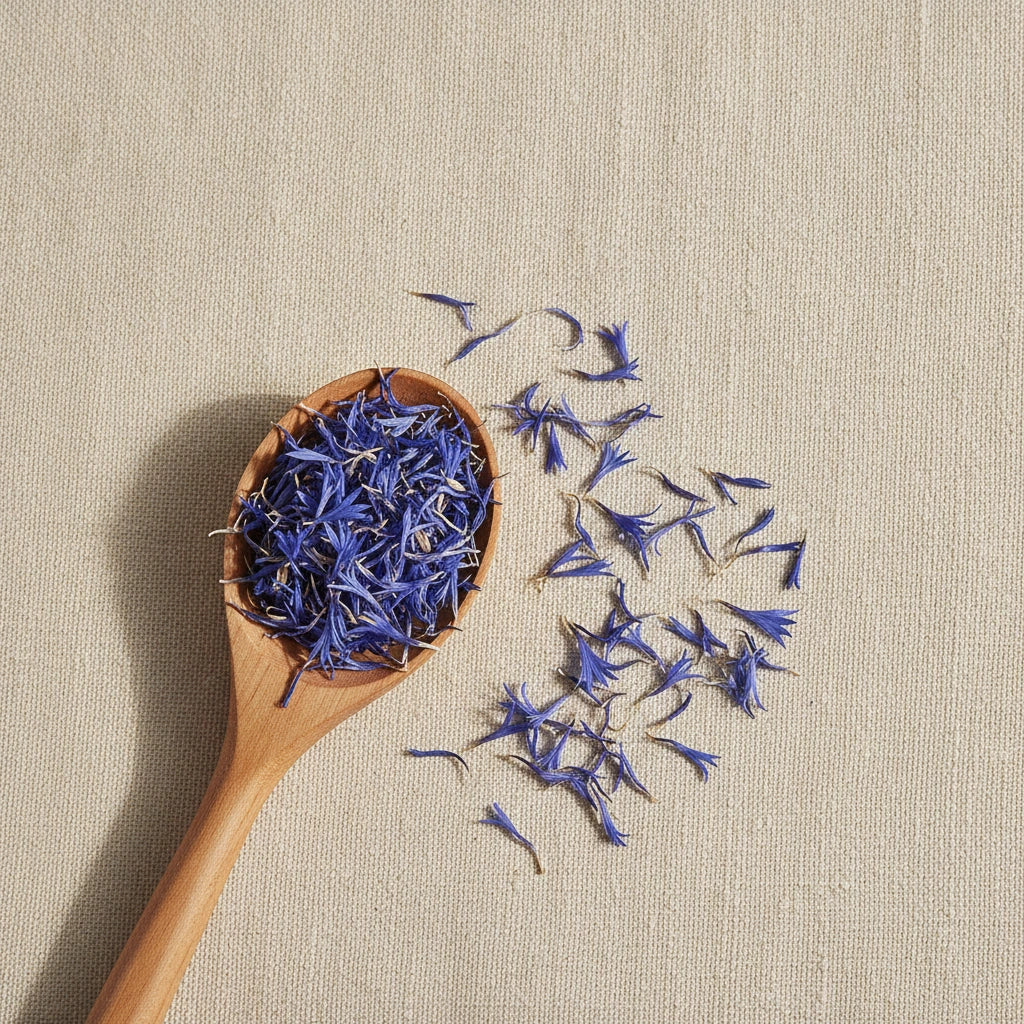Cornflower Petals Whole (Centaurea Cyanus) | Create a luxurious, photorealistic product photograph featuring the original product naturally arranged in an elegant handcrafted wooden spoon on a soft, finely