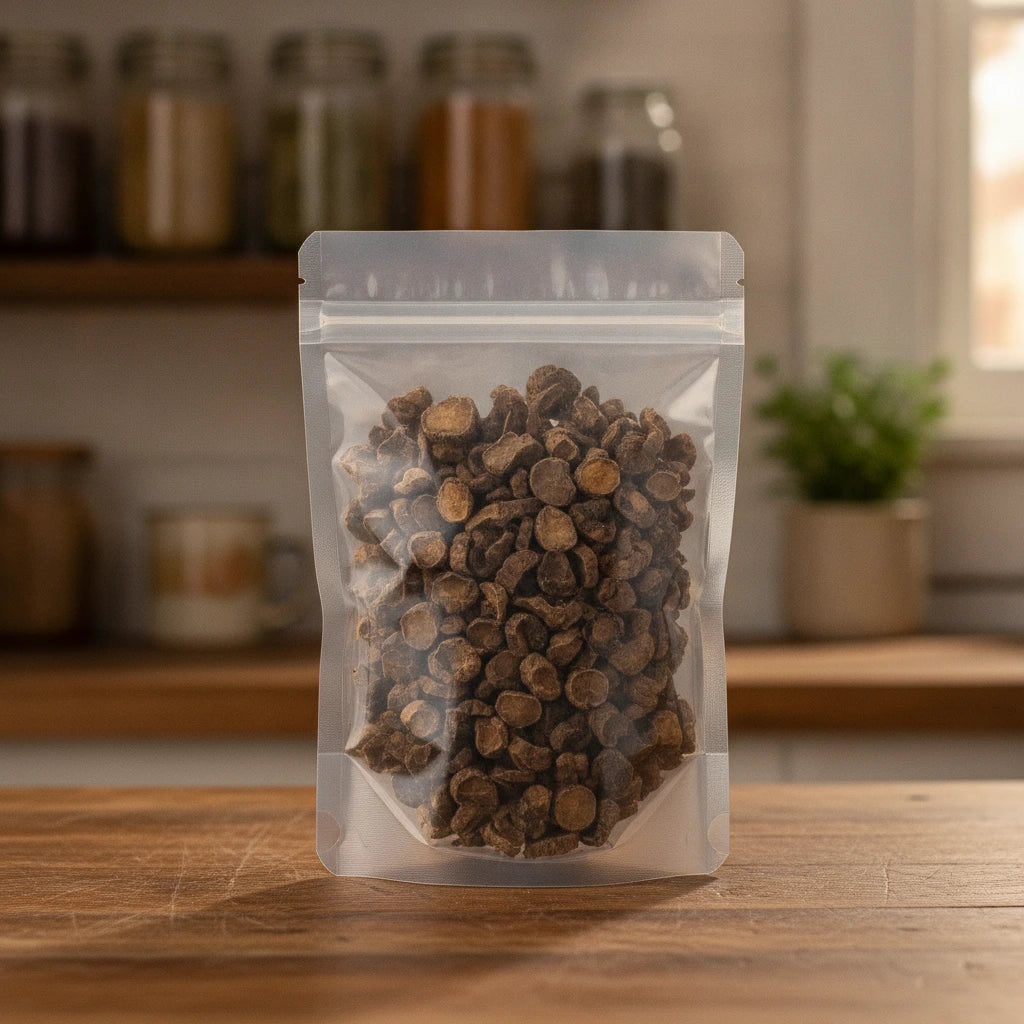 Corydalis Tuber Pieces (Corydalis Yanhusuo) | The herb/berry/powder/fruit/root/bark that is in the black bowl, i would like it to shown in a plastic stand up resalable pouch that is clear.