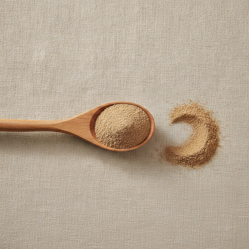 Cramp Bark Powder (Viburnum Opulus) | Create a luxurious, photorealistic product photograph featuring the original product naturally arranged in an elegant handcrafted wooden spoon on a soft, finely