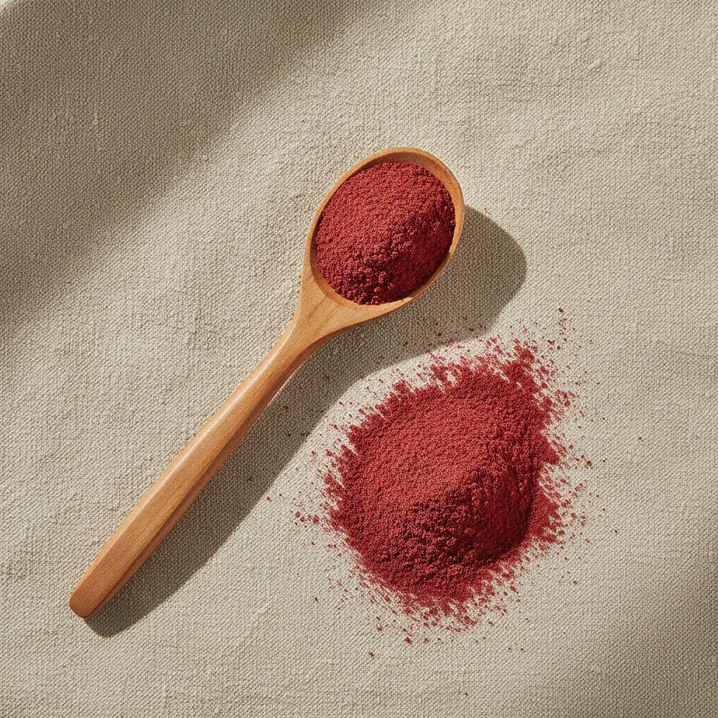 Cranberry Fruit Powder (Accinium Macrovarpon) | Create a luxurious, photorealistic product photograph featuring the original product naturally arranged in an elegant handcrafted wooden spoon on a soft, finely