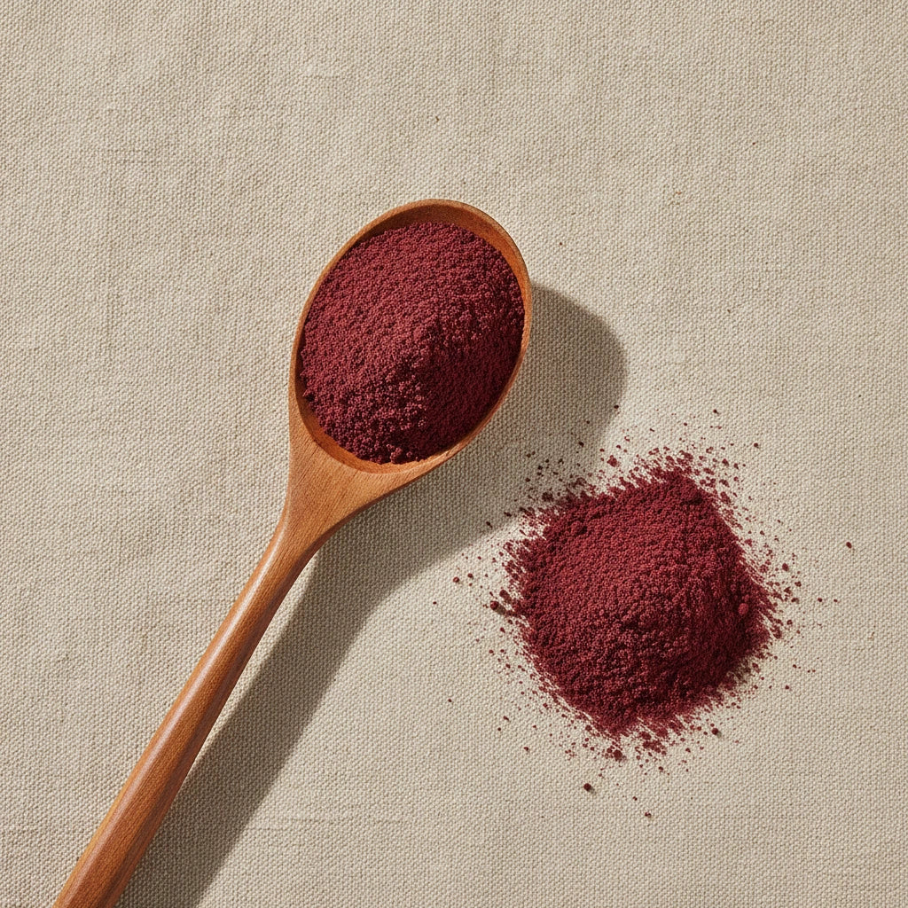 Cranberry Juice Powder (Vaccinium Macrovarpon) | Create a luxurious, photorealistic product photograph featuring the original product naturally arranged in an elegant handcrafted wooden spoon on a soft, finely