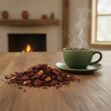 Cranberry Orange Herbal Tea (Aspalathus Linearis) | Can you show this tea outside of the bag and bowl, on a table next to a hot tea cup in a rustic home.