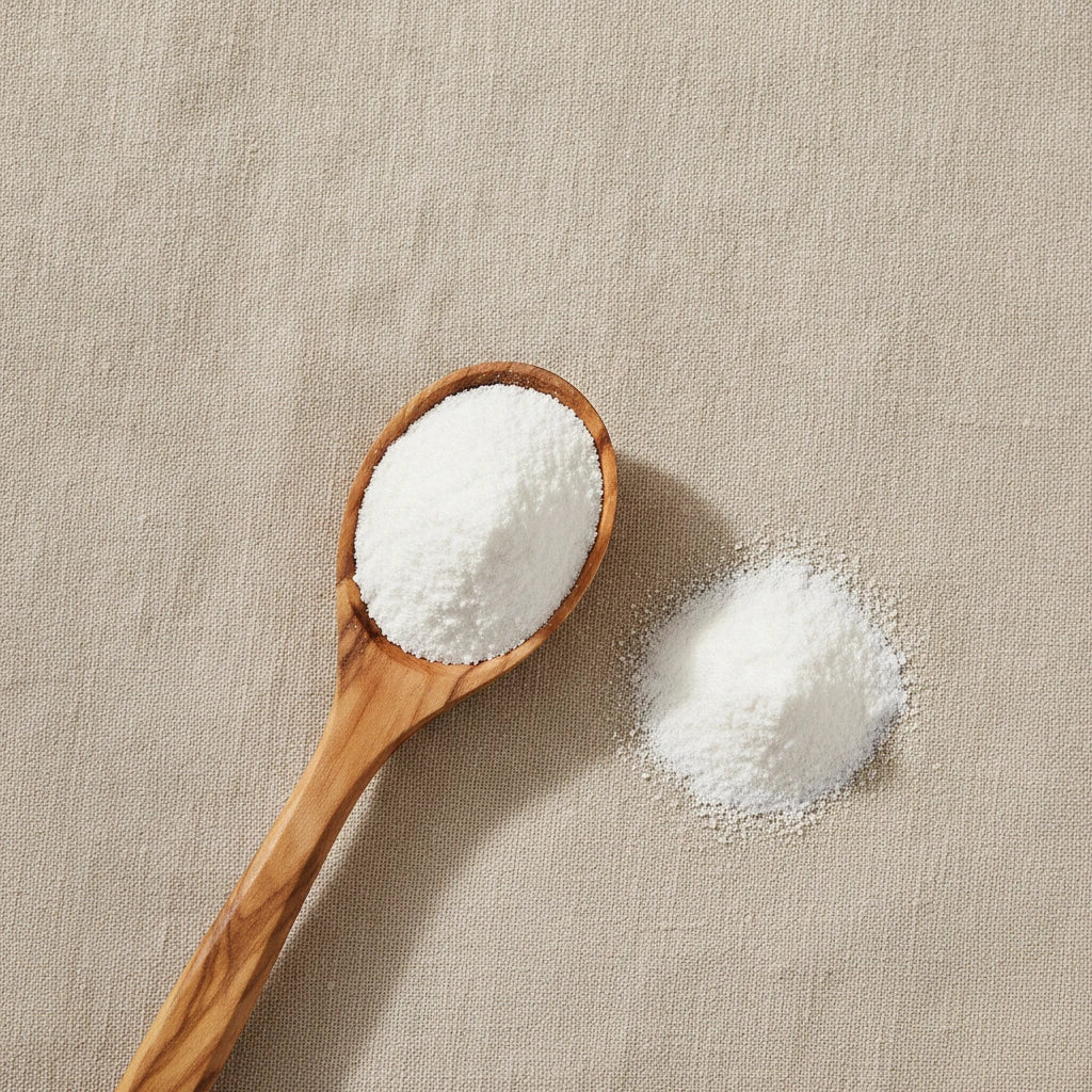 Cream of Tartar Powder (Potassium Bitartrate) | Create a luxurious, photorealistic product photograph featuring the original product naturally arranged in an elegant handcrafted wooden spoon on a soft, finely
