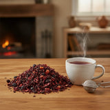 Crimson Berry Herbal Tea (Aspalathus Linearis) | Can you show this tea outside of the bag and bowl, on a table next to a hot tea cup in a rustic home.
