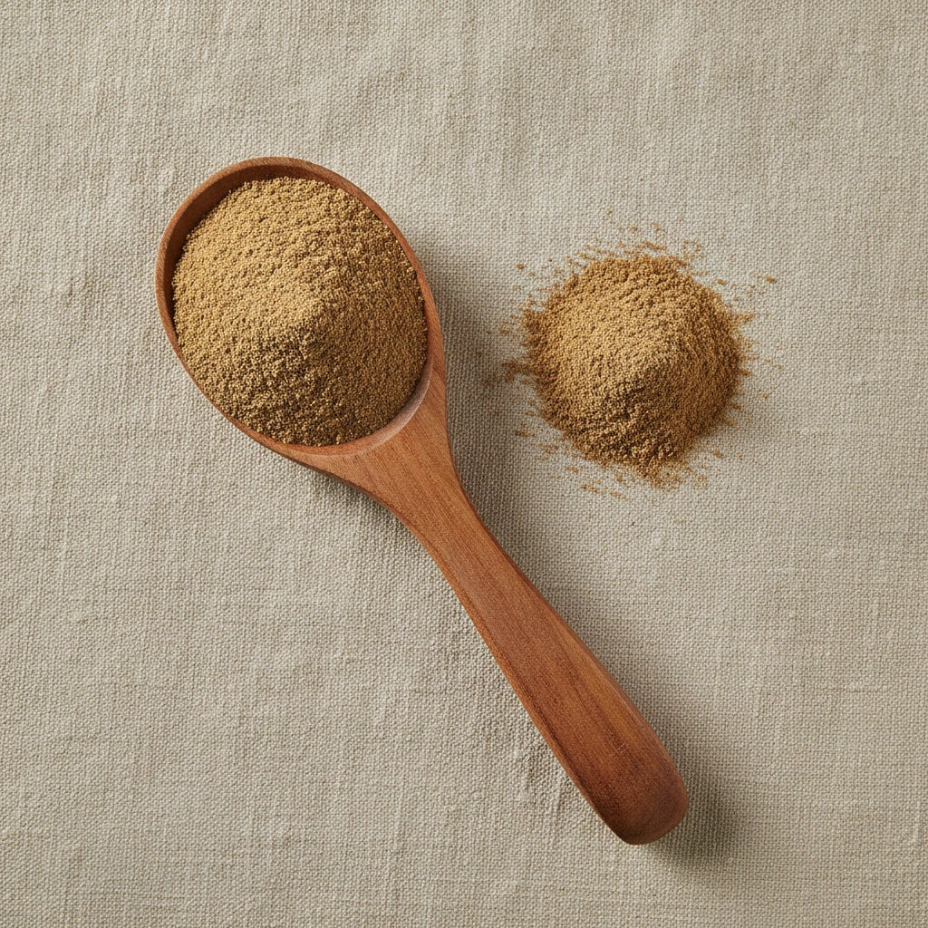 Cumin Seed Powder (Cuminum Cyminum) | Create a luxurious, photorealistic product photograph featuring the original product naturally arranged in an elegant handcrafted wooden spoon on a soft, finely