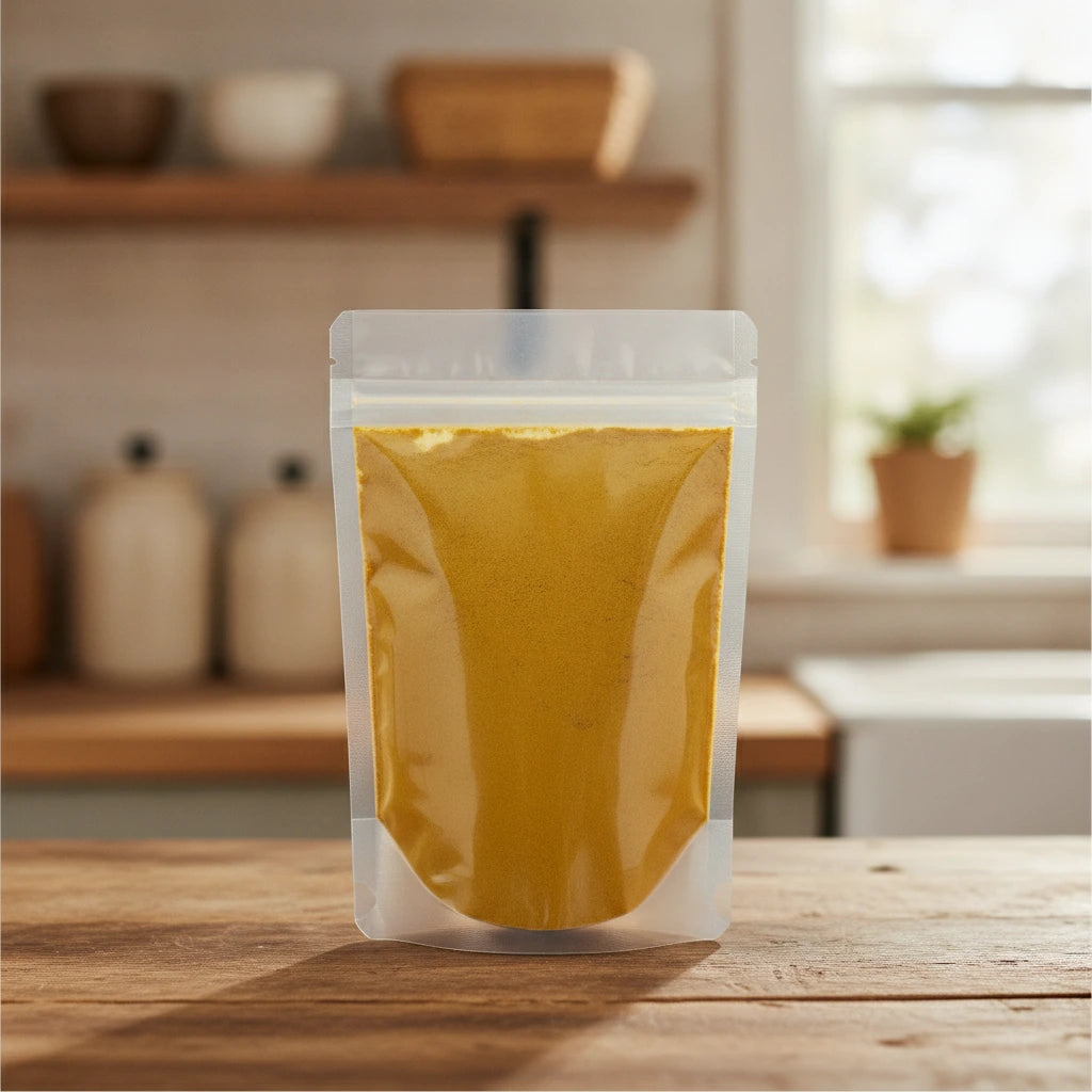 Curry Powder | The herb/berry/powder/fruit/root/bark that is in the black bowl, i would like it to shown in a plastic stand up resalable pouch that is clear.