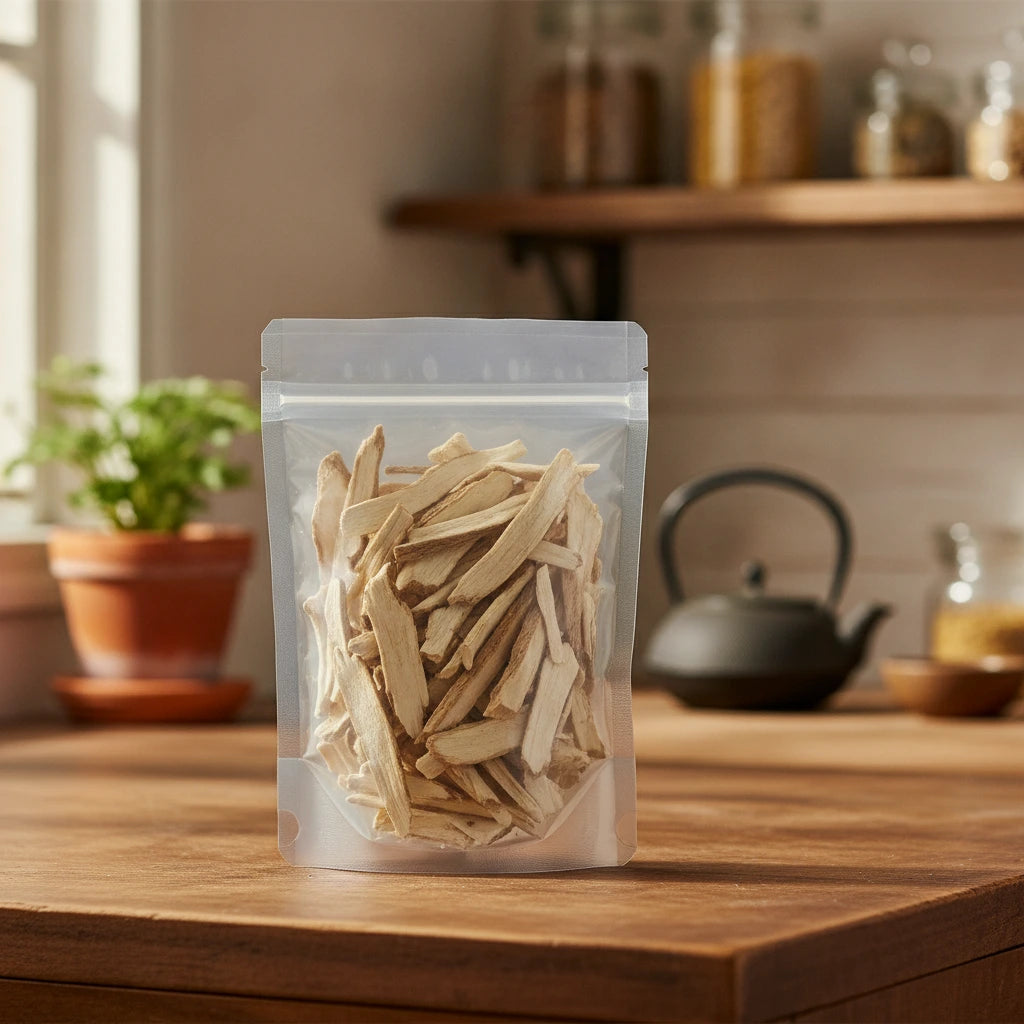 Dahurian Angelica Root Pieces (Dahurican Angelica) | The herb/berry/powder/fruit/root/bark that is in the black bowl, i would like it to shown in a plastic stand up resalable pouch that is clear.