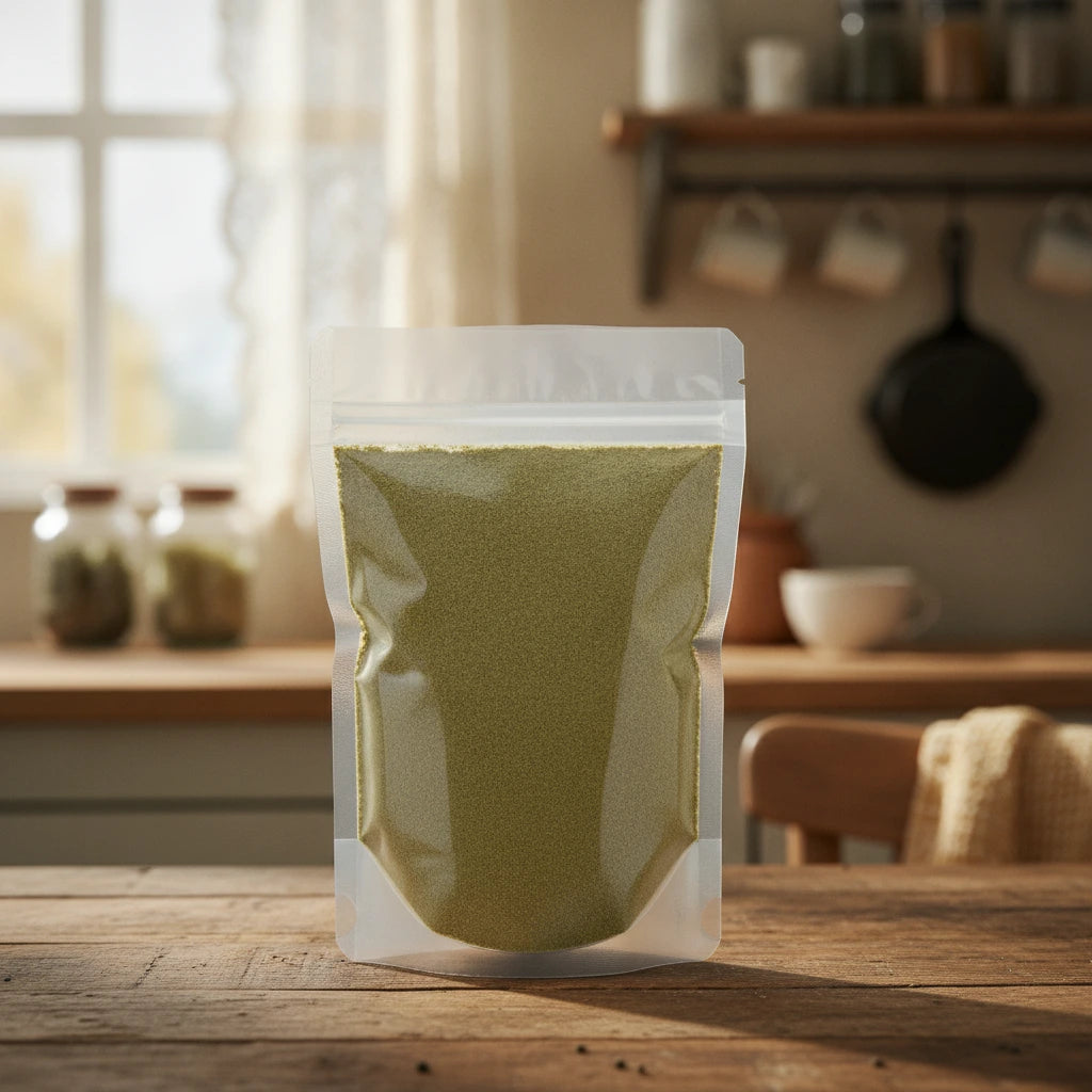 Damiana Leaf Powder (Turnera Diffusa) | The herb/berry/powder/fruit/root/bark that is in the black bowl, i would like it to shown in a plastic stand up resalable pouch that is clear.
