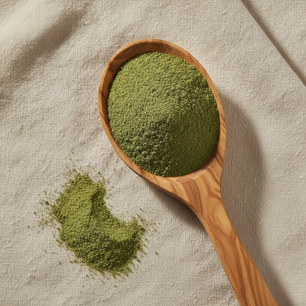 Dandelion Leaf Powder (Taraxacum Officinale) | Create a luxurious, photorealistic product photograph featuring the original product naturally arranged in an elegant handcrafted wooden spoon on a soft, finely