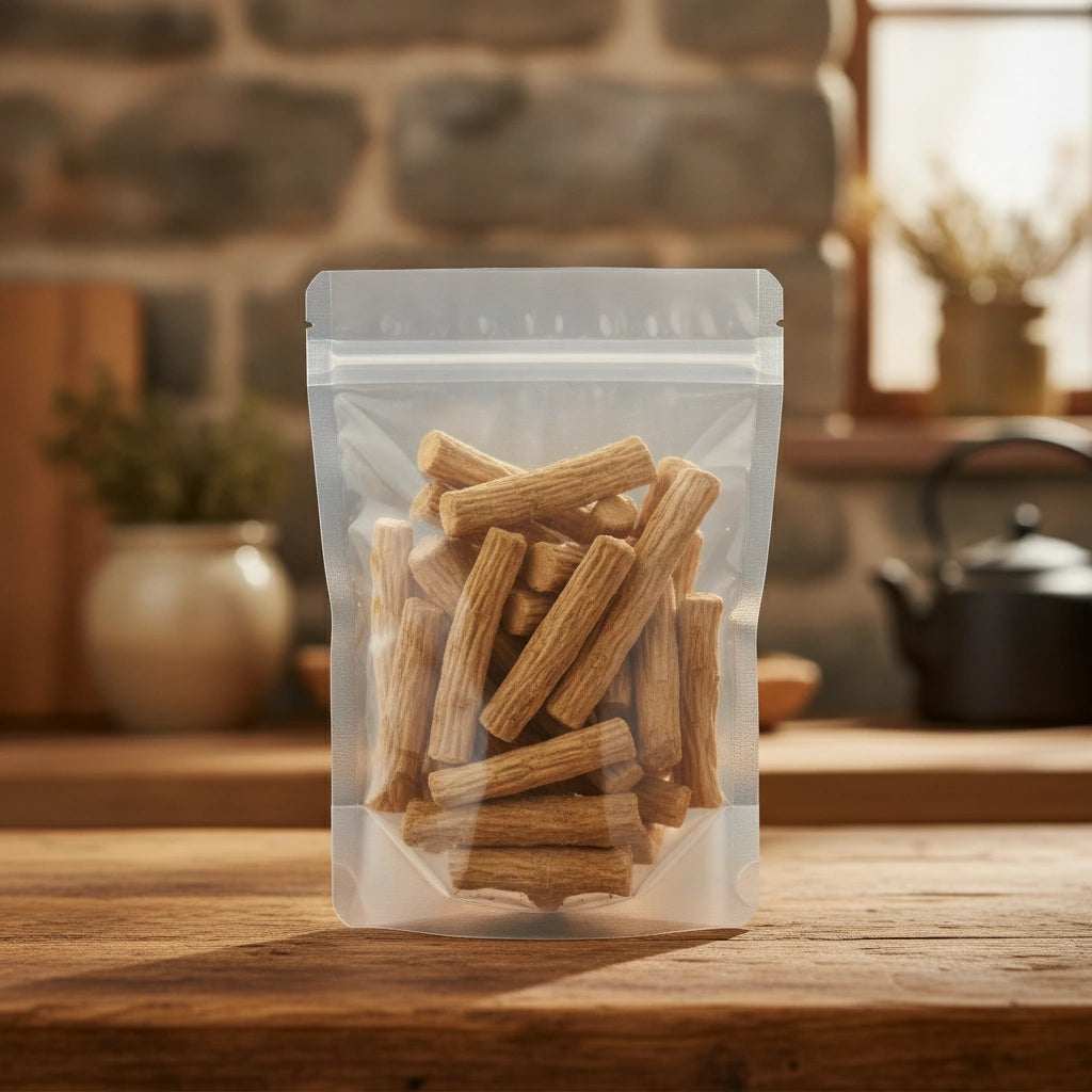Dangshen Root Whole (Radix Codonopsis) | The herb/berry/powder/fruit/root/bark that is in the black bowl, i would like it to shown in a plastic stand up resalable pouch that is clear.