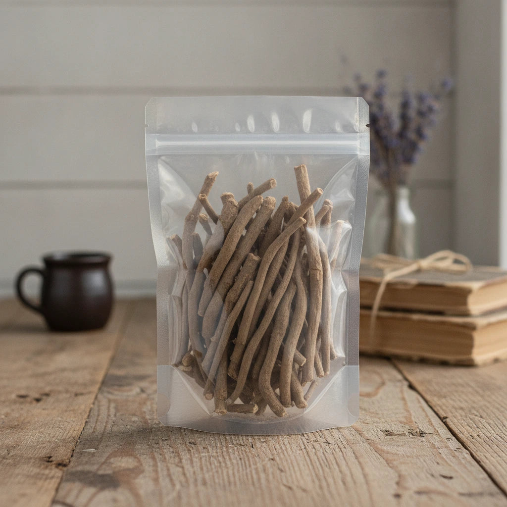 Devil's Shoestring Root Whole (Tephrosia Virginiana) | The herb/berry/powder/fruit/root/bark that is in the black bowl, i would like it to shown in a plastic stand up resalable pouch that is clear.