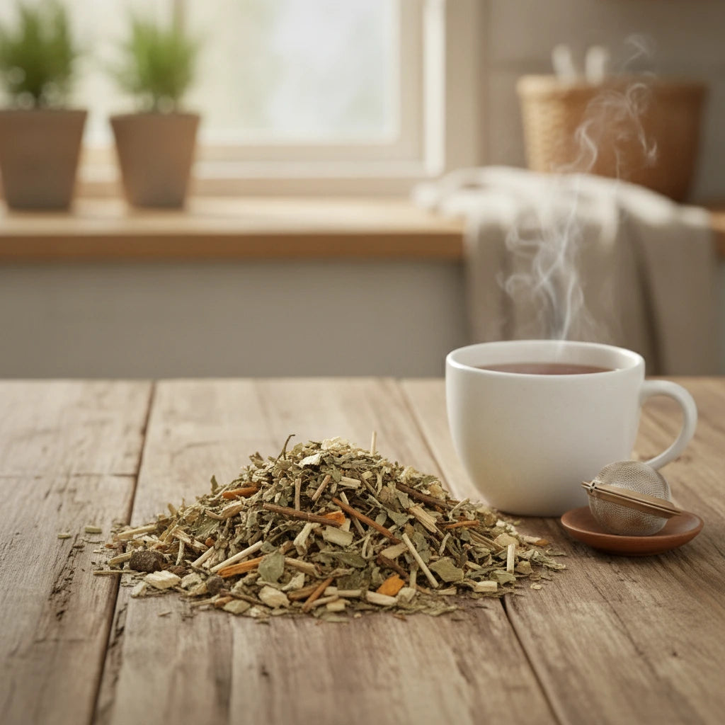 Diabetes Herbal Tea | Can you show this tea outside of the bag and bowl, on a table next to a hot tea cup in a rustic home.