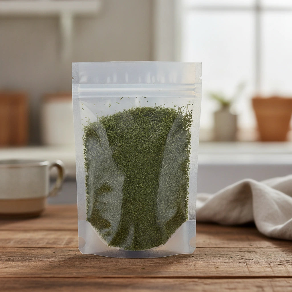 Dill Weed Cut (California) (Anethum Graveolens) | The herb/berry/powder/fruit/root/bark that is in the black bowl, i would like it to shown in a plastic stand up resalable pouch that is clear.