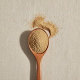 Dong Quai Root Powder (Angelica Sinensis) | Create a luxurious, photorealistic product photograph featuring the original product naturally arranged in an elegant handcrafted wooden spoon on a soft, finely