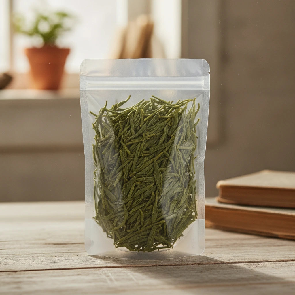 Dragon Well #4 Green Tea (Camellia Sinensis) | The herb/powder/tea that is in the black bowl, i would like it to shown in a plastic stand up resalable bag that is clear.